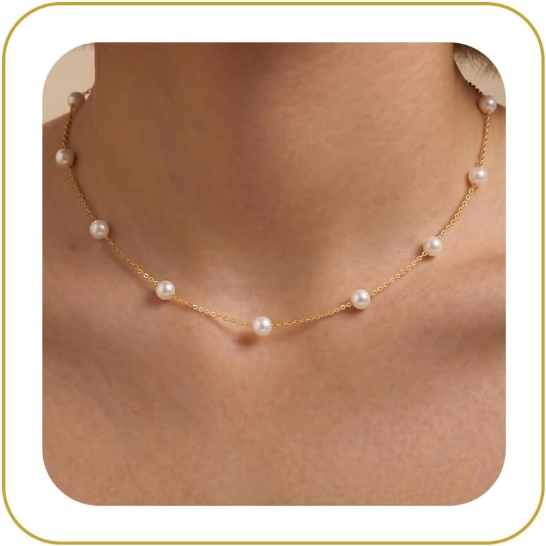 Pearl Necklaces for Women, Dainty Gold Necklace 14k Gold Plated Single Pearl Necklace Simple Pearl Choker Necklaces for Women Trendy Cute Gold Necklace Jewelry for Women