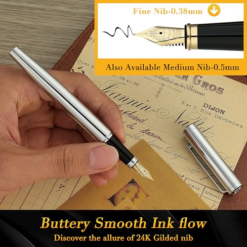 Image of BEILUNER Silver Fountain Pen,Stunning Luxury Pens with Bright Silver Chrome, Gorgeous 24K Gilded Nib(Fine),Gift Pen Set for Men&Women -Ink Converter-Elegant, Professional, Nice Pen for Writing