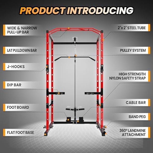 Power Cage with LAT Pulldown, Multi-Functional Power Rack with Cable Pulley System and J-Hooks, Squat Rack with Dip Bars and Landmine Attachment, Weight Cage for Home Gym Equipment