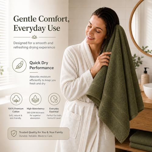 Image of 100% Pure Cotton Bath Towel for Men & Women | 380 GSM Ultra Soft, Highly Absorbent & Quick Dry Bath Towel | Large 55 x 28 Inch Matty Terry Towel for Bathroom, Gym, Travel & Daily Use | Olive Green