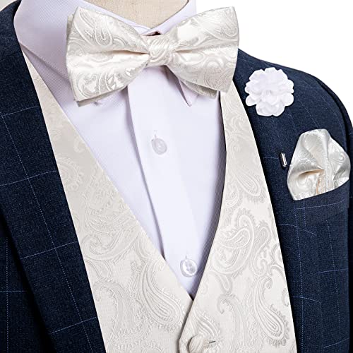 Image of DiBanGu Mens Paisley Suit Waistcoat,Silk Dress Vest and Bowtie Pocket Square Cufflinks with Lapel Pin Set for Wedding Tuxedo