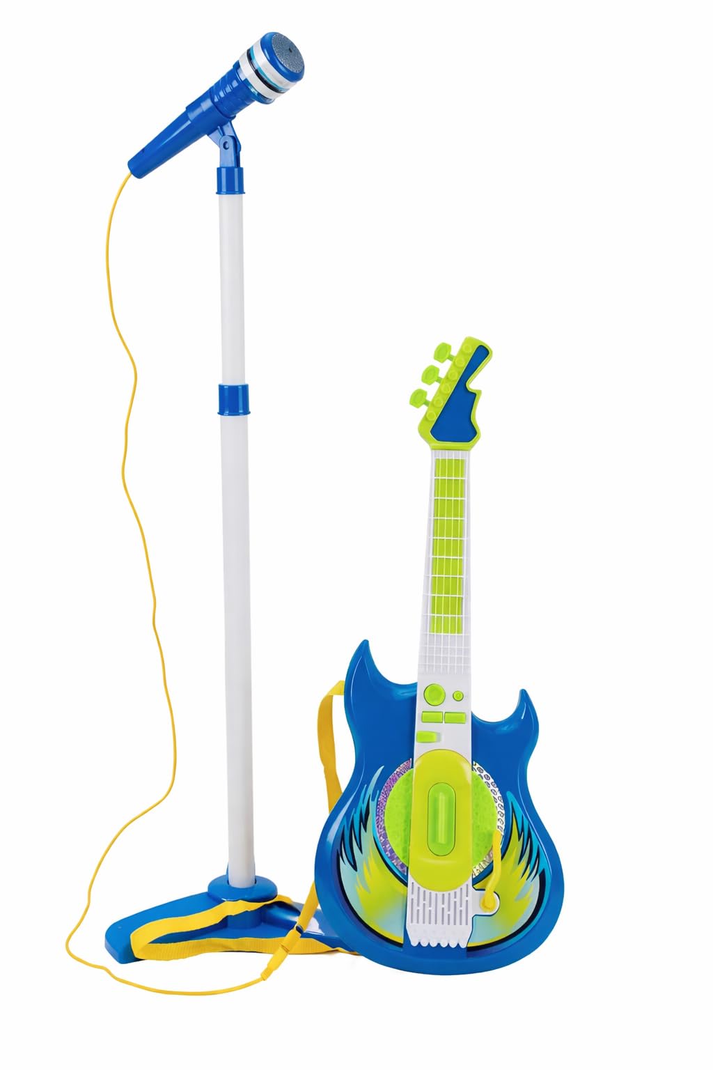 Chitarra Elettrica e Microfono con Asta Giocattolo Bambini Chitarra Rock Microfono Karaoke con Collegamento MP3 Smartphone Asta Regolabile Altoparlante Basi Musicali Chitarre Rock Elettronica (b)