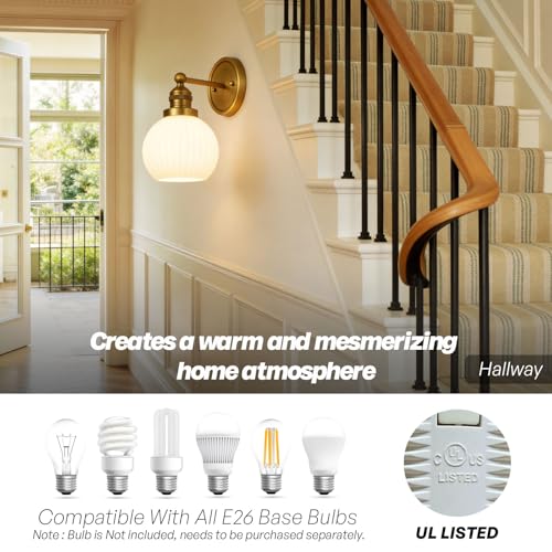 Image of Vintage Gold wall sconces Milk Glass Bathroom Vanity Light | Modern Vintage /Mid-Century aesthetic,hand-blown frosted glass,hardwired,DIY-friendly,UL Listed for safety,damp-rated for bath