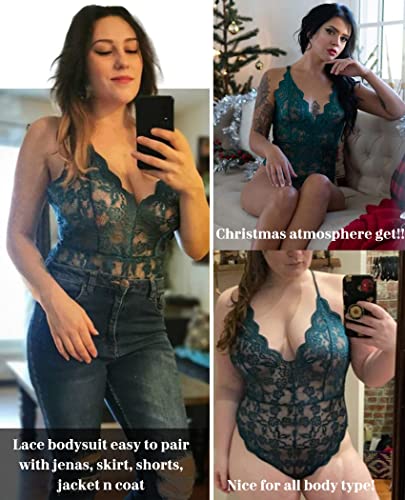 Image of Avidlove Sexy Lingerie for Women Deep V Teddy Sheer Lace Bodysuit Snap Crotch One Piece Babydoll