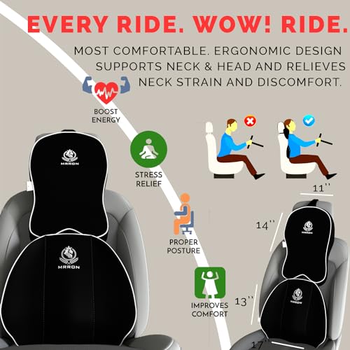 Image of MRRON Orthopedic Memory Foam Lumbar Backrest & Neck Rest Cushion for Car Seat - Ergonomic Car Back & Neck Support Pillow Combo - Pain Relief for Long Drives, Sciatica, Posture (Black, Spine Support)