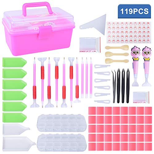 NOUVCOO 117PCS Diamond Painting Kit - Bolso organizador, bolígrafos adhesivos, pinzas de metal, 28 cajas de almacenamiento con ranura, etiqueta con etiqueta de número, rodillo, raspador