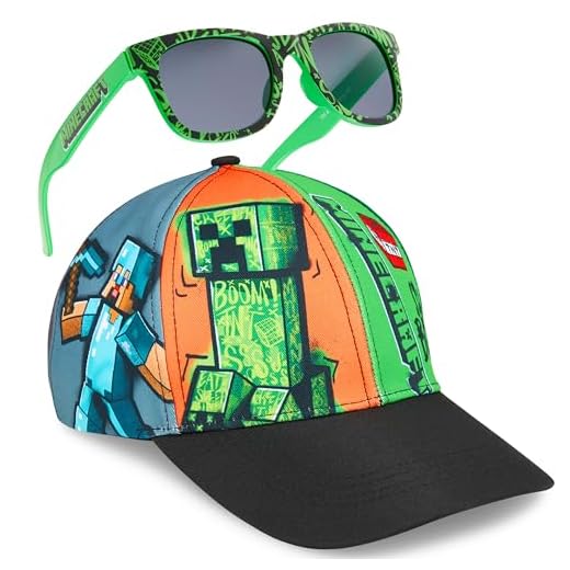 Minecraft Sunglasses Baseball Cap Set Creeper Adjustable Boys Hat 100% UV Kids Sunglasses Holiday Accessories Gamer Gifts (6-14 Years, Multi)