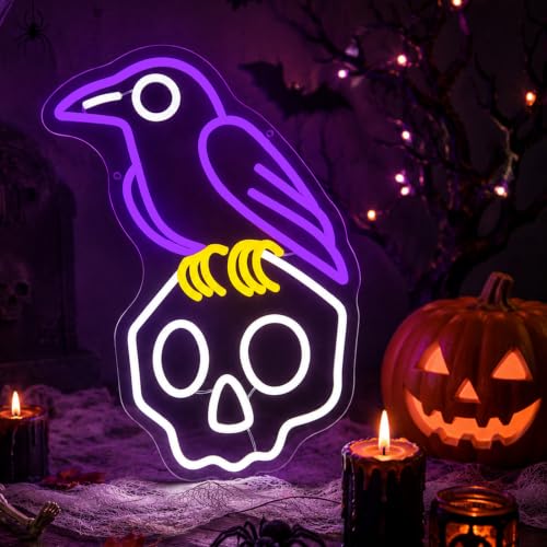 Image of Crow Skull Neon Sign, Halloween Neon Light Led Gothic Spooky Halloween Decor Sign, for Bedroom Home Office Man Cave Spooky Night Light Bar Game Room Party, Birthday Gift(15.7 * 9.4 In)