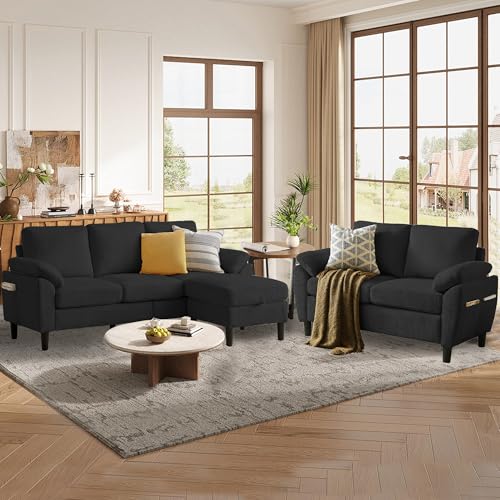 Image of 79.72 inch 3 Piece Corduroy Sofa Set with Storage Ottoman & Loveseat, L Shaped Sectional Couch with Side Pockets, Convertible Living Room Furniture Set for Small Space