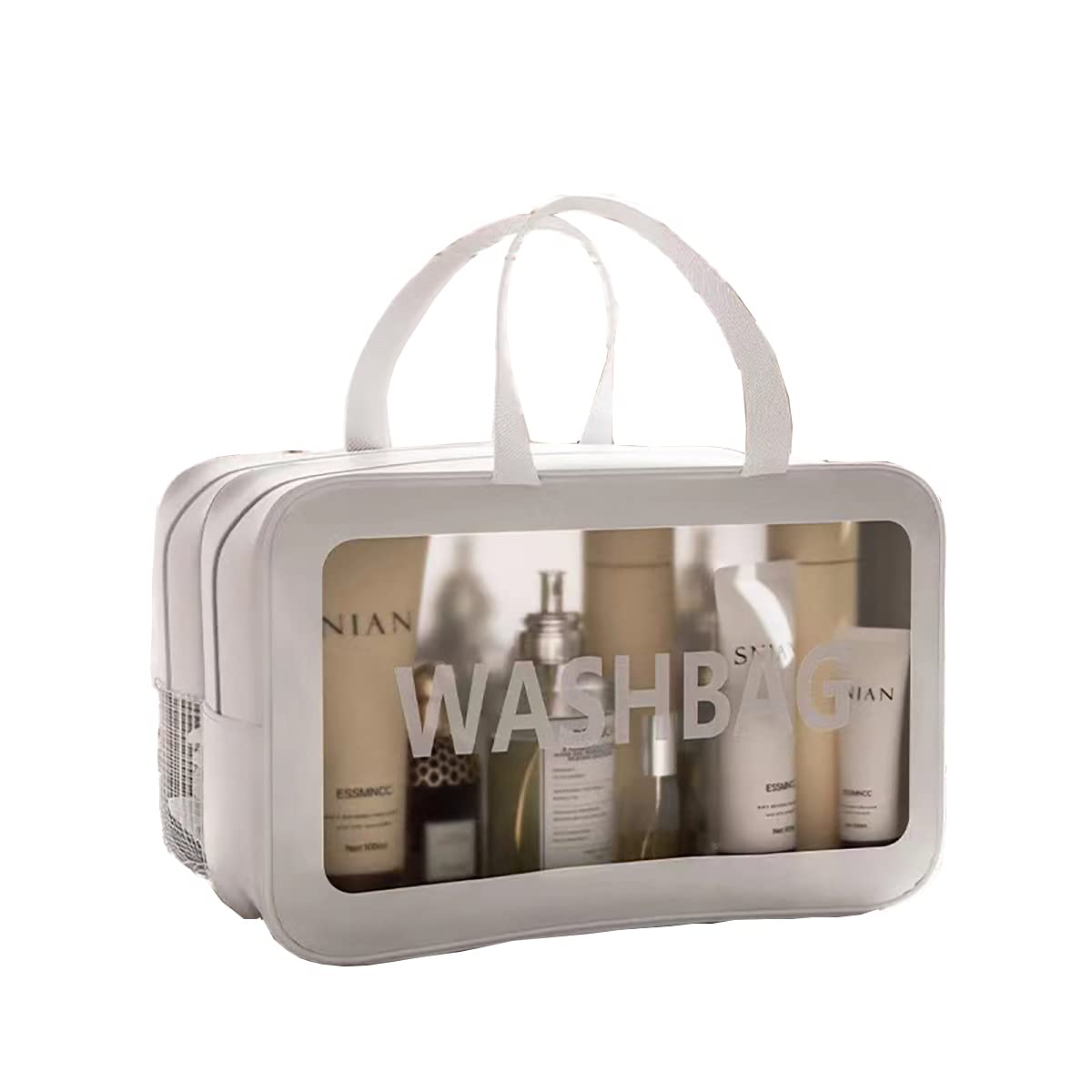 Ymlike Large Capacity Portable Travel Cosmetic Bag, 2 Layer Visible Wet Dry Separated Toiletry Bag with Handles, Clear Handbag Organizer Makeup Case Storage Pouch for Women and Girls (White)