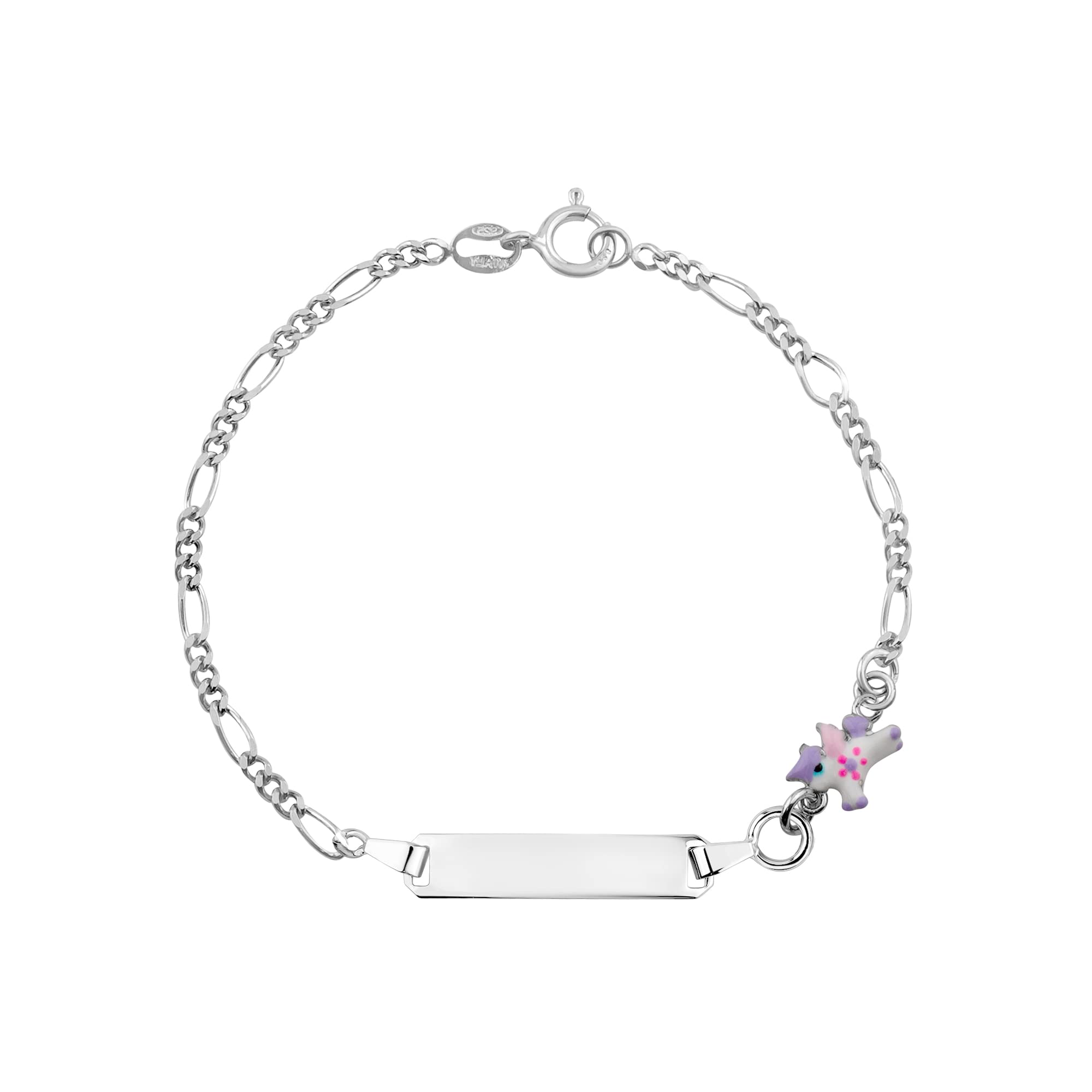 UNICORNJ 925 Italy Sterling Silver Child or Baby Name Bracelet Girls Boys, Personalized Engraved Kids ID Bracelets, 6.5" Figaro Chain, Enamel Charm Newborn Infant Toddler Kid Jewelry