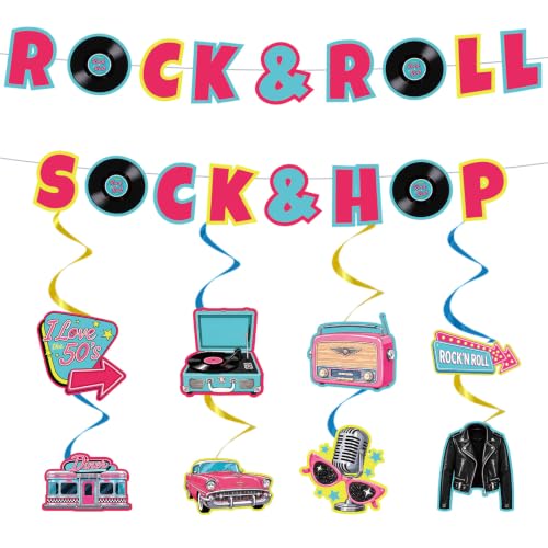Papiailove 50s Sock Hop Party Decorations, 10PCS Rock and Roll Party Decor Set with Banner & Hanging Swirls, 1950s Retro Music Theme Party Supplies for Birthday Party, Photo Booth, School Event