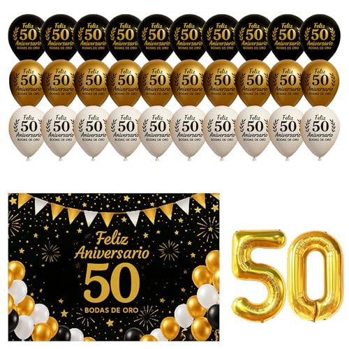 Decoração 50 aniversário casamento de ouro Photocall bandeira 110 x 80 cm festa de casamento 50 anos 30 balões pano fundo balão dourado elegante fotográfico espanhol homenagem presente casal Banner