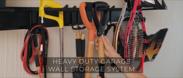TIDYME Wall Mounted Garage Tool Rack - Heavy Duty Storage Rack With Adjustable Hooks, Conforms To Stud Spacing - 200 Lbs Capacity - Garden Tool Organizer For