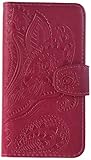 Galaxy S6 Case,Samsung Galaxy S6 Case - Wallet Flip Stand Case Embossed Plants PU Leather Case Shockproof Soft TPU Inner Bumper Slim Protective Card Slots Wrist Strap Cover by Badalink - Hot Pink