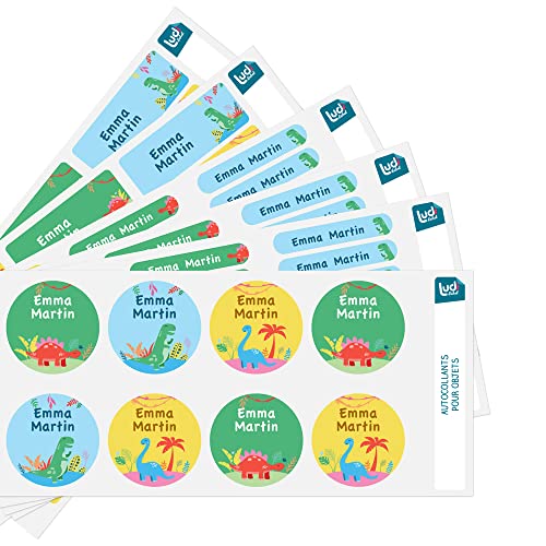 Étiquettes fournitures scolaires autocollantes pack 104 funky dino