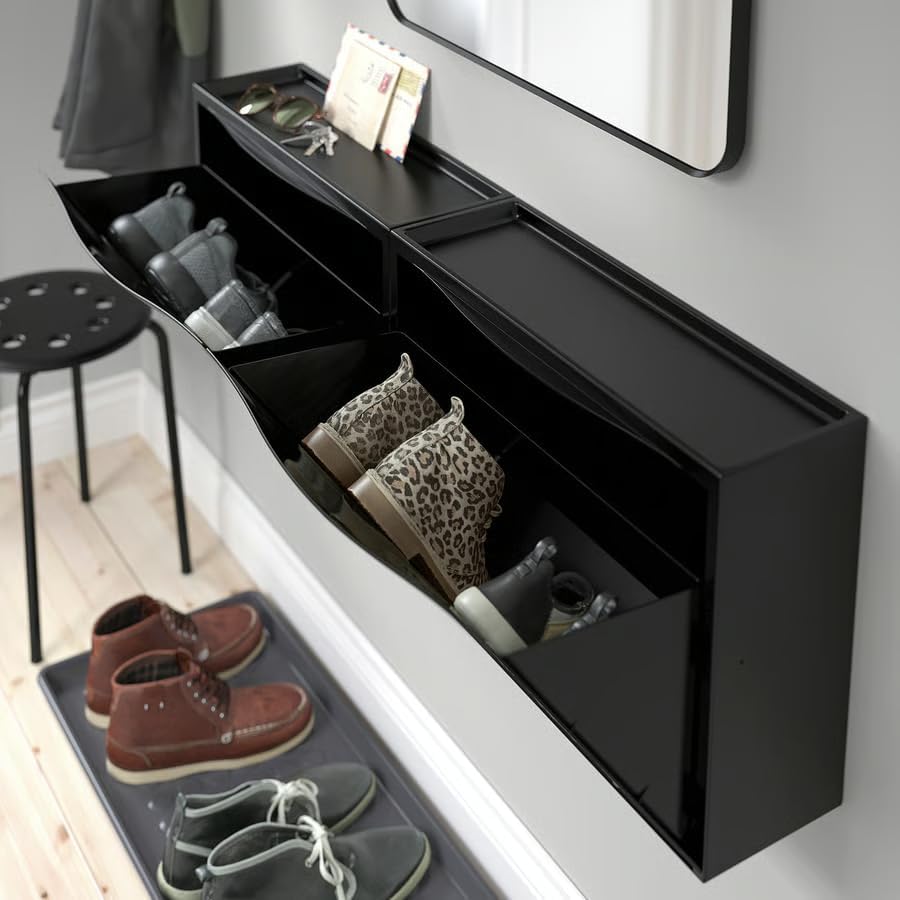 Wall-Mounted Shoe Storage Cabinet with 2 Compartments, Space Saving Design, Entryway Organizer, Black, 20.5x7.1x15.4 Inches