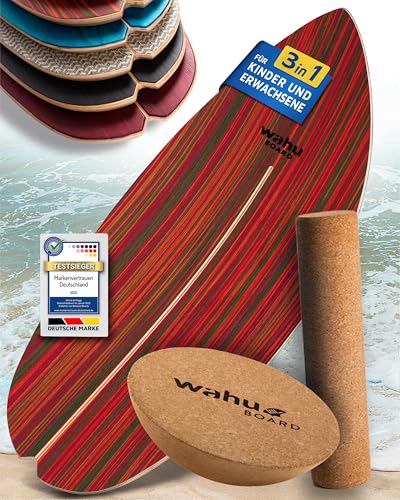 WAHU Balance Board Burning Red | 3in1 Set | Surf Balance Board aus 100% Holz mit Rocker Shape & Rolle | Gleichgewichtstrainer für Kinder & Erwachsene | Fitness & Spaß Zuhause