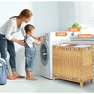 Laundry Hamper with 3 Removable Liner Bags; 132L Handwoven Rattan Laundry Basket with Lid & Heightened Feet; Clothes Hamper with Side Handles; Laundry Sorter with 3 Separate Sections (Natural) Laundry Hamper with 3 Removable Liner Bags 132L Handwoven Rattan Laundry Basket with Lid Heightened Feet Clothes Hamper with Side Handles Laundry Sorter with 3 Separate Sections Natural