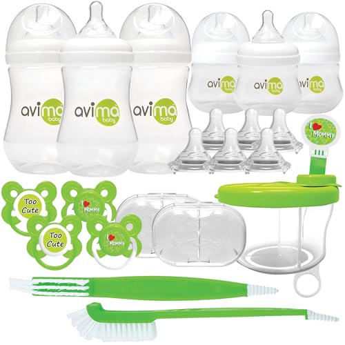 Image of Avima Newborn Baby Bottle Starter Set. Anti-Colic Wide Neck Bottles with Slow and Medium Flow Nipples. 22 Piece Set