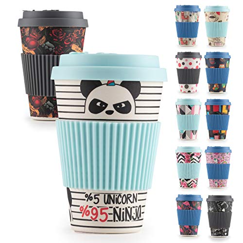 ROSMARINO Mug Bambou, 400ml - Bamboo Cup à Partir de Matériaux Naturels - Coffee Mug Travel avec Couvercle en Silicone et Banderole (Panda)