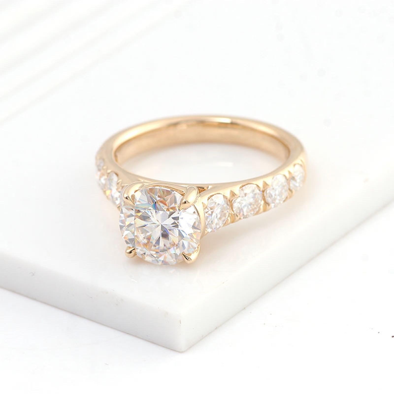 Pierścionek ślubny z prawdziwego żółtego złota próby 585, pierścionek damski z moissanite 2ct D Color VVS1 elegancki pierścionek zaręczynowy, prawdziwe złoto 14 K, z grawerunkiem dla kobiet