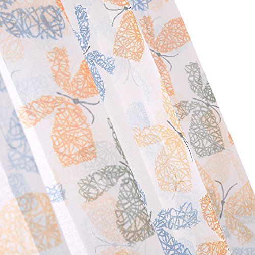 Image of Deconovo Decorative Blackout Printed White Sheer 84 Inch Length-Rod Pocket Voile Drape Curtains for Bedroom, 42W x 84L Inch, Blue Green and Orange