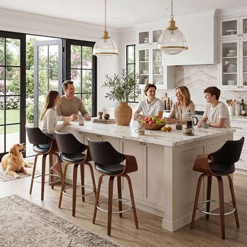 Image of HNY 26'' Modern Barrel Swivel Counter Stools Counter Height Swivel Bar Stools with Backs Set of 4, Black Faux Leather Bar Height stools, Farmhouse Solid Wood Barstools for Kitchen Island, Home Bar