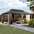 Domi 14x20FT Outdoor Gazebo, Hardtop Gazebo with Galvanized Steel Double Roof, Metal Gazebos with Drainage System Patio Pergola for Patio Deck Backyard,Curtain and Netting,Brown