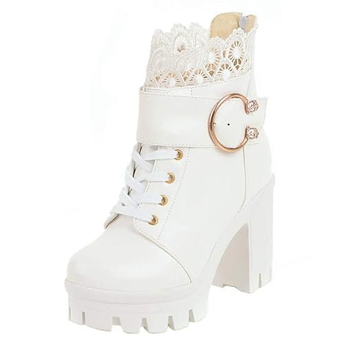 MISSUIT Damen High Heels Stiefeletten Blockabsatz Ankle Boots mit Plateau - 37 EU Weiß