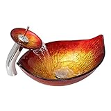 JinYuZe Tempered Glass Vessel Sink,Hot Melted Red&Gold Leaf Shaped Bathroom Vanity Sink,with Waterfall Chrome Faucet Combo and Pop-Up Sink Drain
