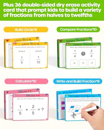 Image of D-FantiX Wooden Fraction Educational Puzzle, Wood Fraction Tiles & Fraction Circles Set, Math Manipulatives for Elementary School, Montessori Fraction Manipulatives Games Learning Toys for Kids