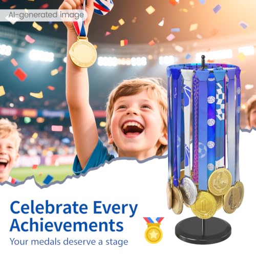 Image of Medal Holder Display Trophy Shelf Organizer, Sturdy Wooden Race Award Hanger Rack with 25 Steel Hooks, Wall Mount Storage Stand for Sports Fans, Cheer Success