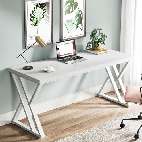 Image of Tribesigns Writing Computer Desk, 55 inch Heavy Duty Study Desk with Z-Shaped Metal Leg, Modern Simple Home Office Computer Desk, White
