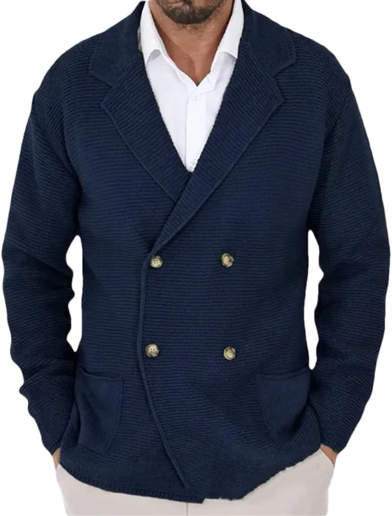 Men's Collar Double Breasted Slim Knit Cardigan Sweater Solid Color Casual Loose Business Knit Cardigan Jacket