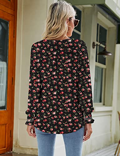Micoson Women Polka Dots Pregnancy Blouse Fall Loose Casual Puff Long Sleeve Square Neck Floral Print Smocked Cuff Fashion Pleated Tunic Shirts, Small #TOP3