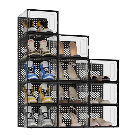 JOISCOPE 12 pcs Cajas de Zapatos, Organizadores de Almacenamiento de Zapatos de Plástico Transparente Apilables,Contenedores Organizadores de Zapatos para Mujeres/Hombres, soporte de zapatos,Negro