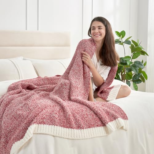Image of Snuggle Sac Christmas Red Blanket Twin Size, Ultra Soft Warm Fuzzy Knit Blanket Throws Dupes for Couch,Sofa, Bed, Heather Red, 60x80 inches