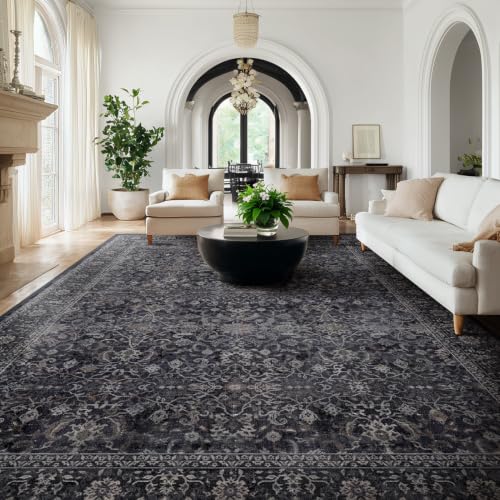Jainmy Dark Big Rug 10x12, Vintage Carpet Large Size 10x12 for Living Room Bedroom, Washable Non Slip Low Pile Thin Room Rug for Dining Room Family Room, Farmhouse Earth Tone Midnight