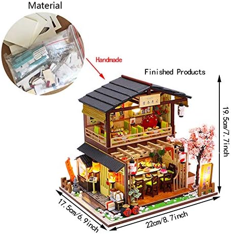 erhumama DIY Japanese Dollhouse With Dust Cover Furniture LED Light Kits Miniature Sushi Shop Wooden Handmade Building Model Puzzle Toy Children Birthday Gift