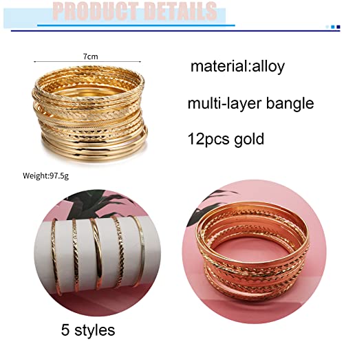12Pcs Bangle Collection Alloy Metal Textured Color Design Jewelry Large Size Bangle Bracelets Set for Women(Gold)3