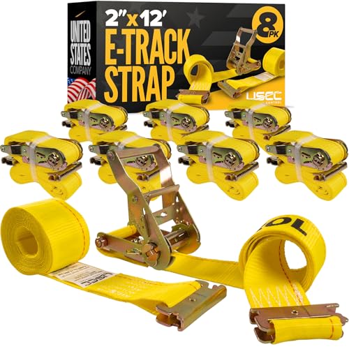 US Cargo Control E Track Straps 2 x 12 (8-Pack) 4 400 LBS Break Strength Yellow Heavy Duty E Track Ratchet Straps with 4 Fixed End and Spring E-Fittings Logistic Tiedowns for Box Trucks Vans