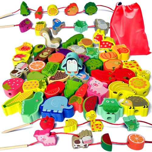 Goujfol Perles en Bois à Enfiler Jouet, 42 Pièces Animaux et Fruits Jouets de Filetage en Bois, Jeux Montessori Éducatifs Enfant Cadeau pour Garçons Filles...