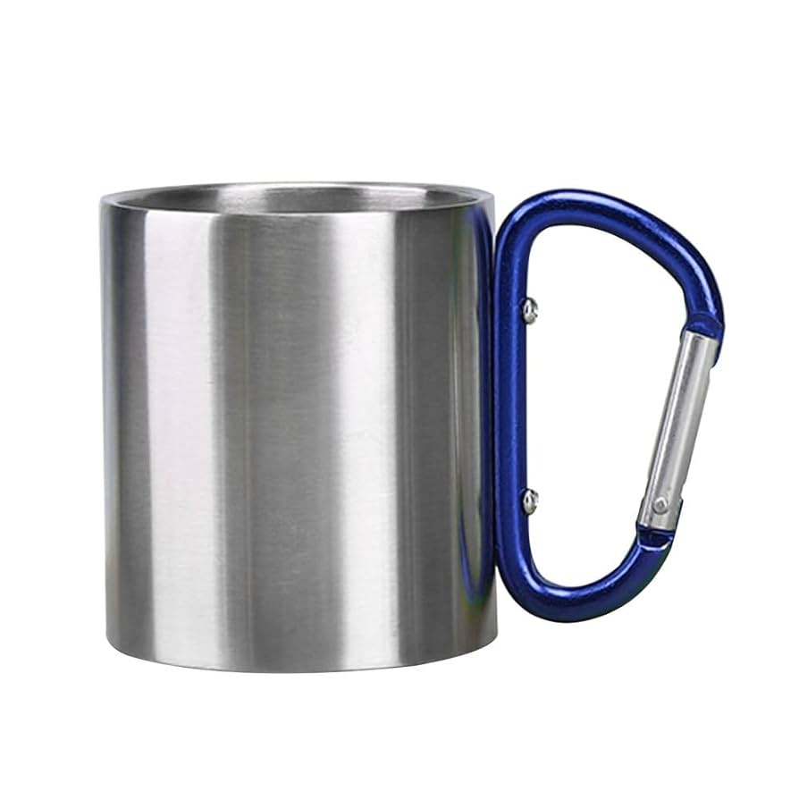 300ml Silver Stainless Steel Mug Double Wall With Silver Carabiner