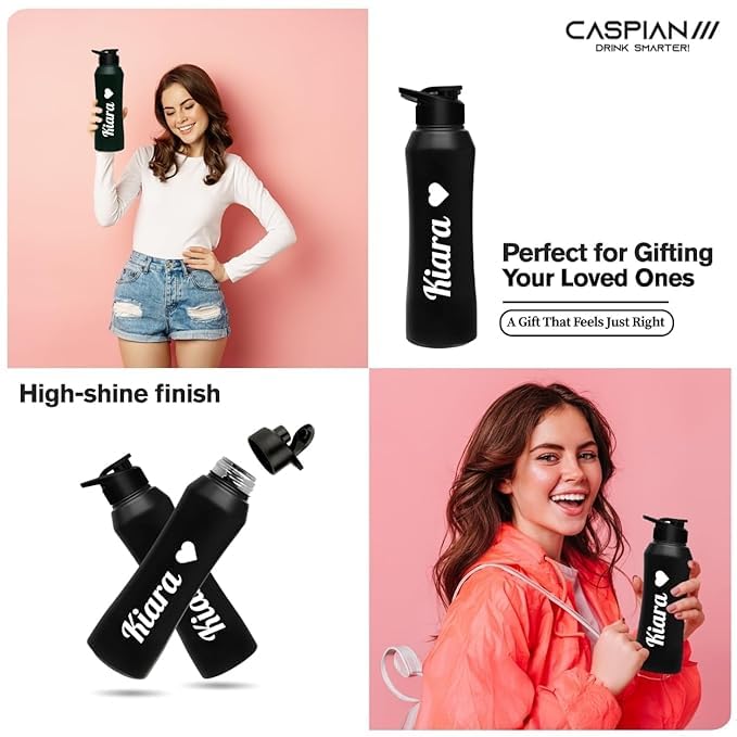 Image of CASPIAN / / / Trek Customised Stainless Steel Water Bottle 750 ML, Religious Symbol Print with Name - Spiritual Personalised Bottle for Temple, Office, Yoga & Corporate Gifting (Black)