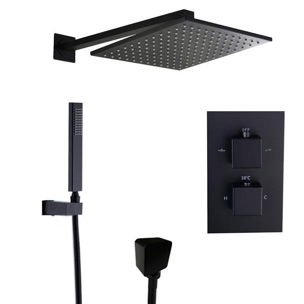 OZBMA Shower System, Black Brass Thermostatic Faucets Bathroom Faucet Set Mix Valve with 8-12" Rainfall Head and Handheld Head, Luxury Set,12inch Decoration (10inch A)