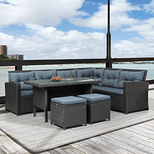 Image of DEVOKO 5 Pieces Patio Outdoor HDPE Wicker Dinning Set, Outside Couch with Table for Porch, Lawn, Garden, Backyard (Black and Grey)