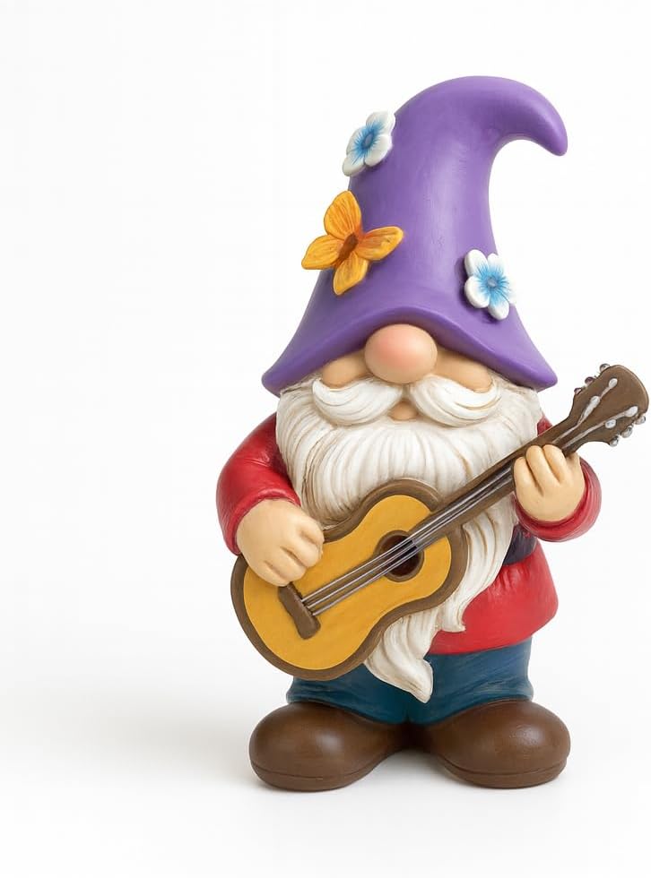 Musical Gnome Figurine with Guitar – Handcrafted Resin Garden or Shelf Decoration, 6.2 Tall Whimsical Gnome Statue with Purple Hat, Flowers & Butterfly, Gift for Music Lovers (Purple)