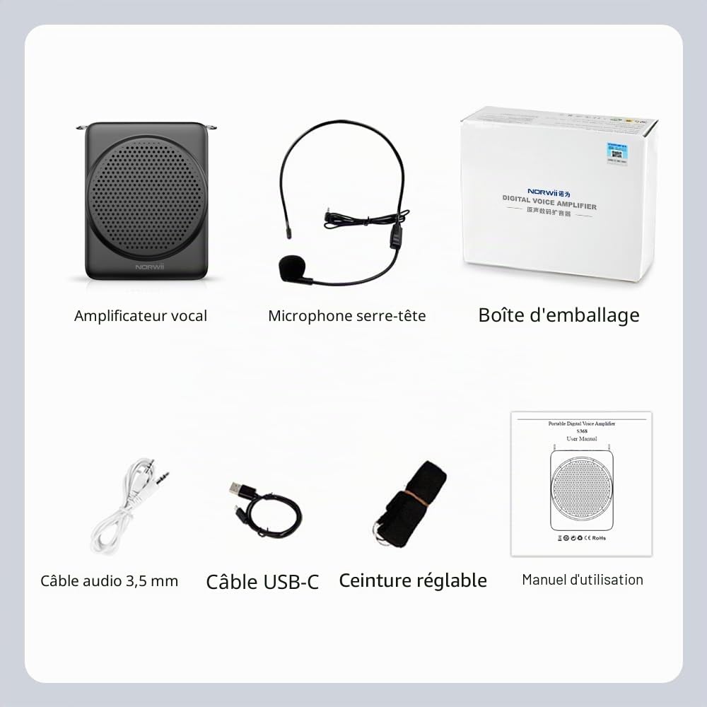 Norwii Mini Amplificateur Vocal, 1800mAh Amplificateurs de Puissance, Casque Micro Filaire Portable pour Enseignants, Cours en Classe et en Plein air, Enseignement, Guides Touristiques, Charge USB-C