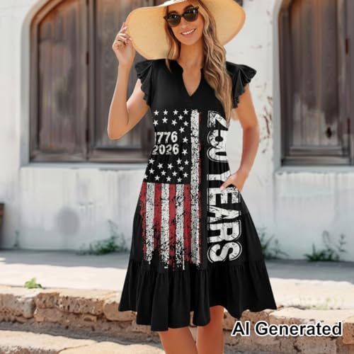 Image of Women's Casual Ruffle Sleeve Dress V Neck Pullover Dress Flowy A-Line Pleated Lightweight Dress with Pockets